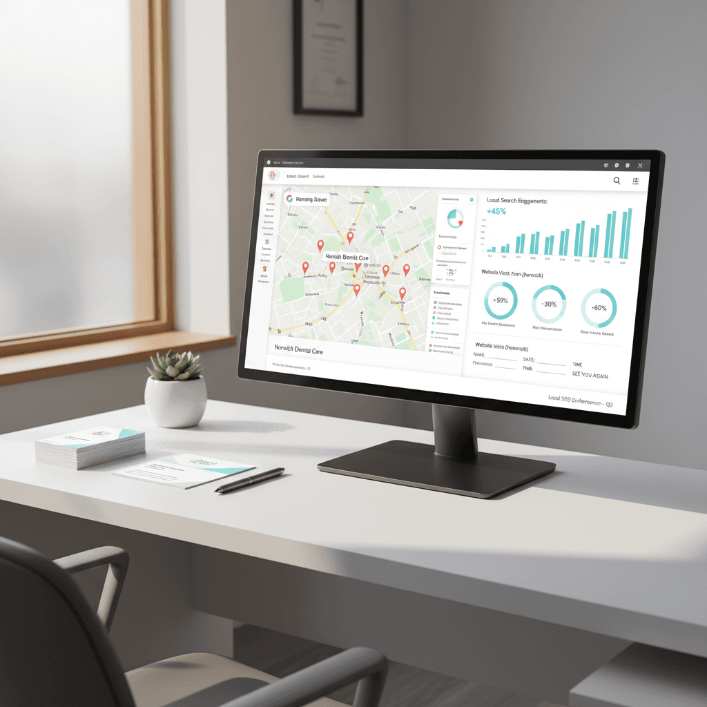 Modern dental office workspace with SEO dashboard, business cards, notes, and growth charts.