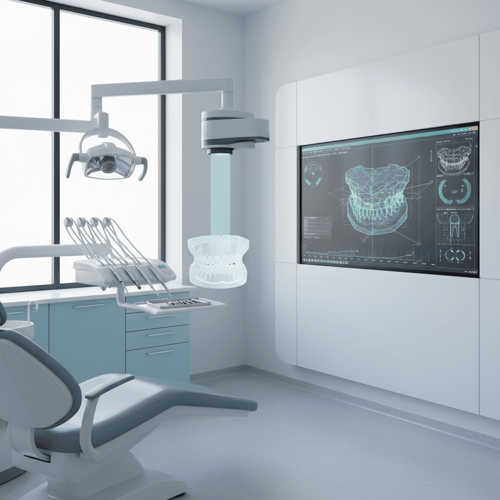 Modern dental treatment room with 3D model, CAD schematics, and digital workspace display.
