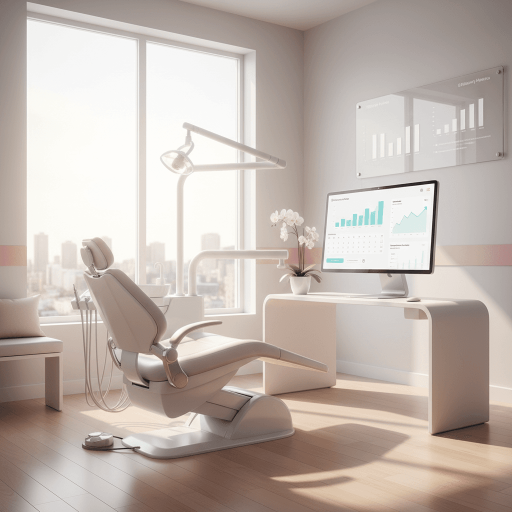 Modern dental treatment room with chair, digital dashboard, calendar, and wall chart.