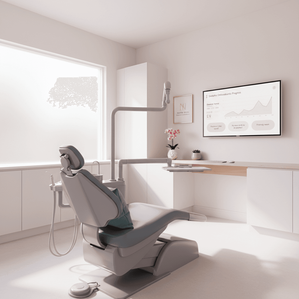 Modern dental treatment room with chair, digital dashboard, and organized workspace in Norwich.