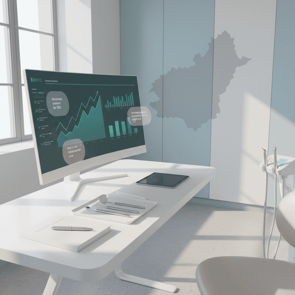 Modern dental treatment room with digital dashboard, polished tools, notebook, and soft lighting.