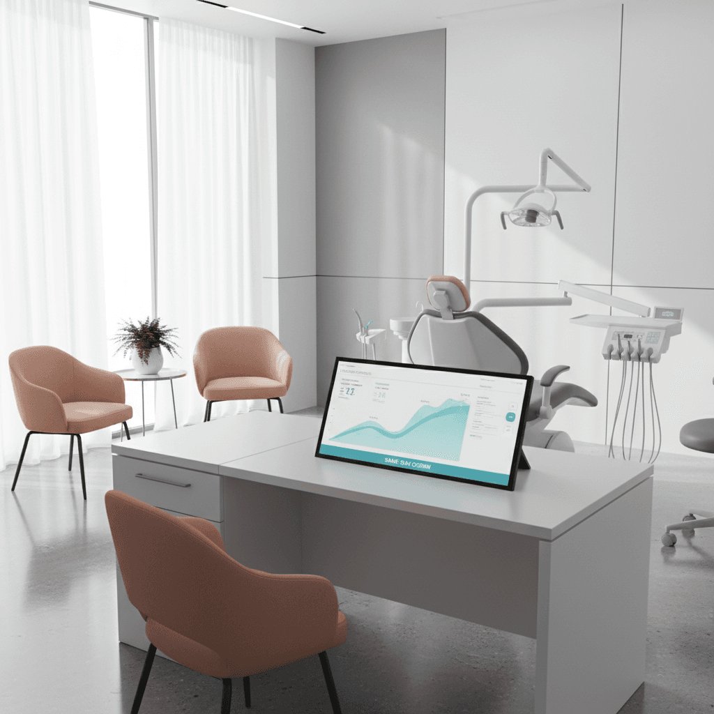 Modern dental treatment room with digital dashboard, seating, greenery, and clinical surfaces.