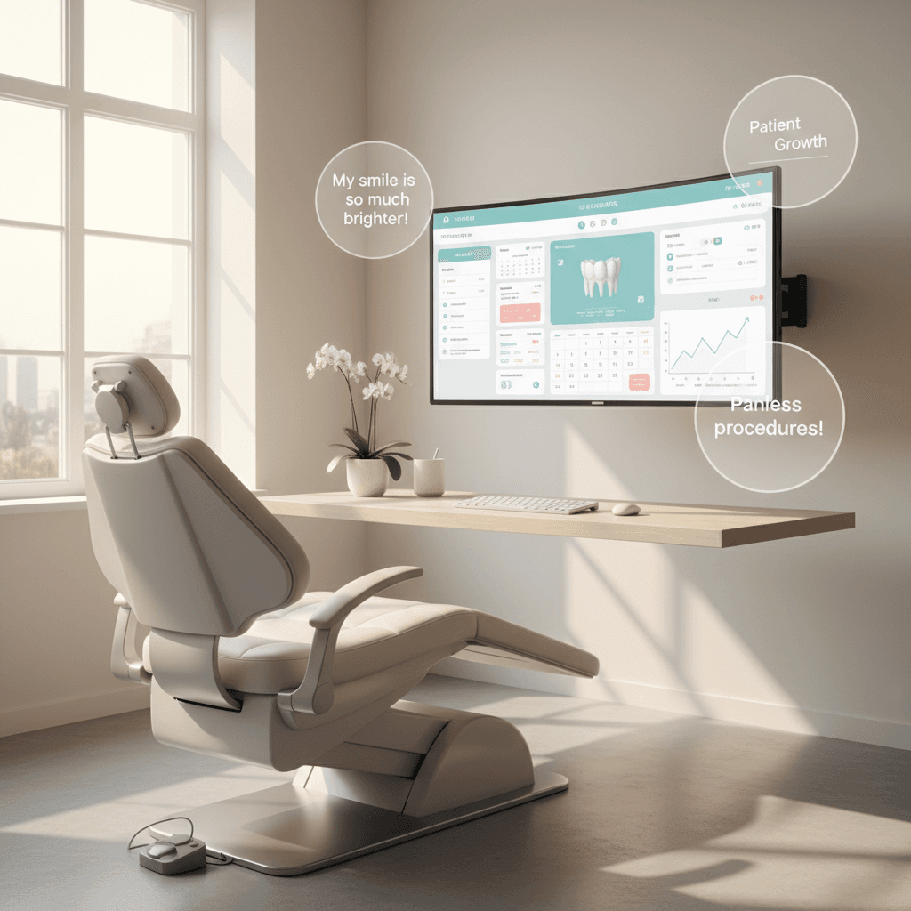 Modern dental treatment room with digital dashboard, testimonial bubbles, and growth charts.