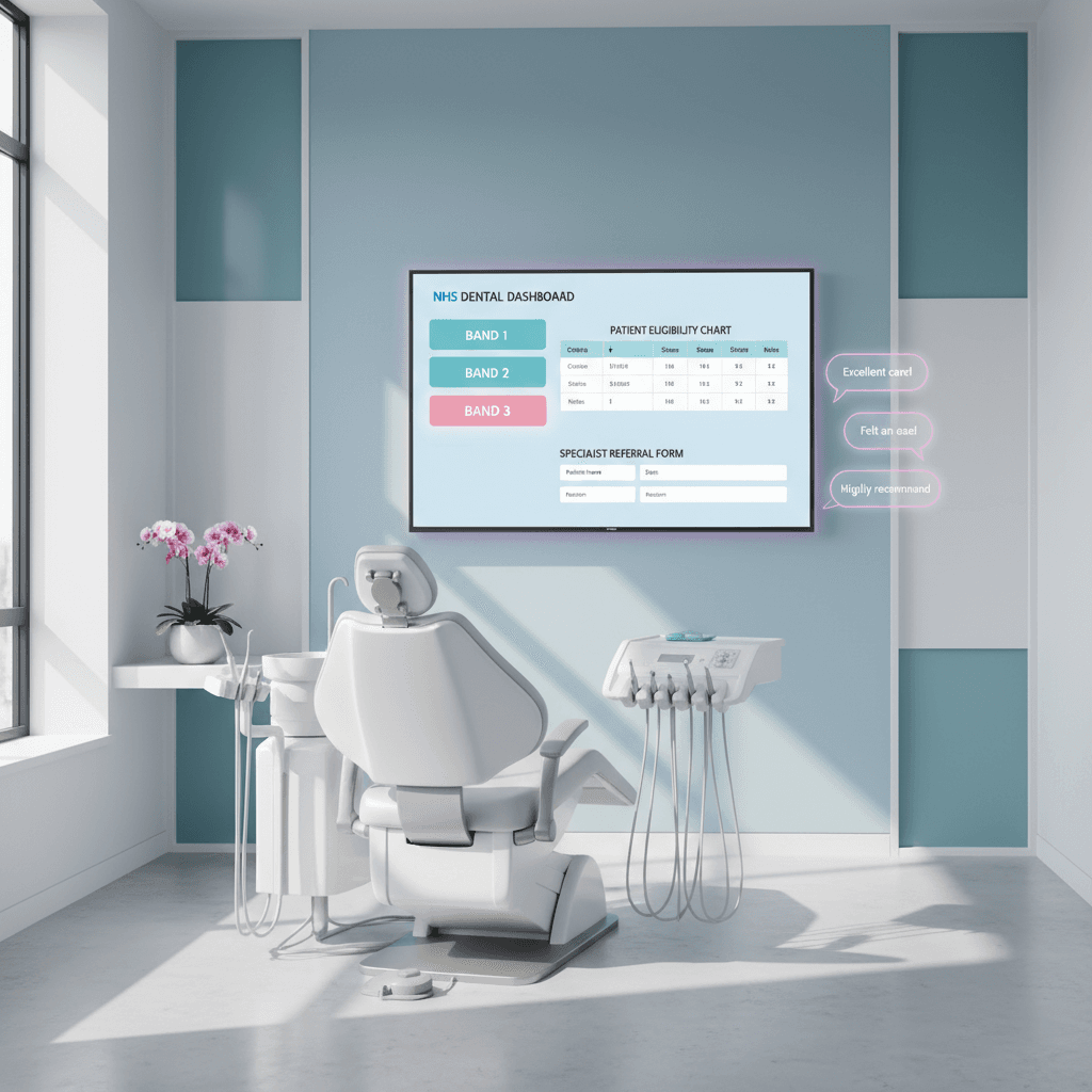 Modern NHS dental treatment room with digital dashboard