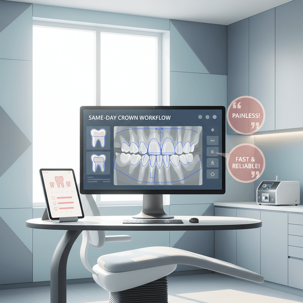 Modern dental treatment room with digital scans, growth charts, and testimonial bubbles.