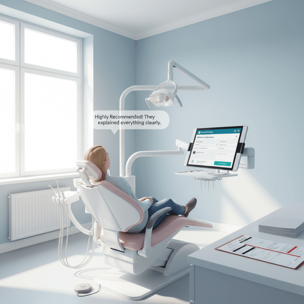 Modern dental treatment room with tablet displaying patient information