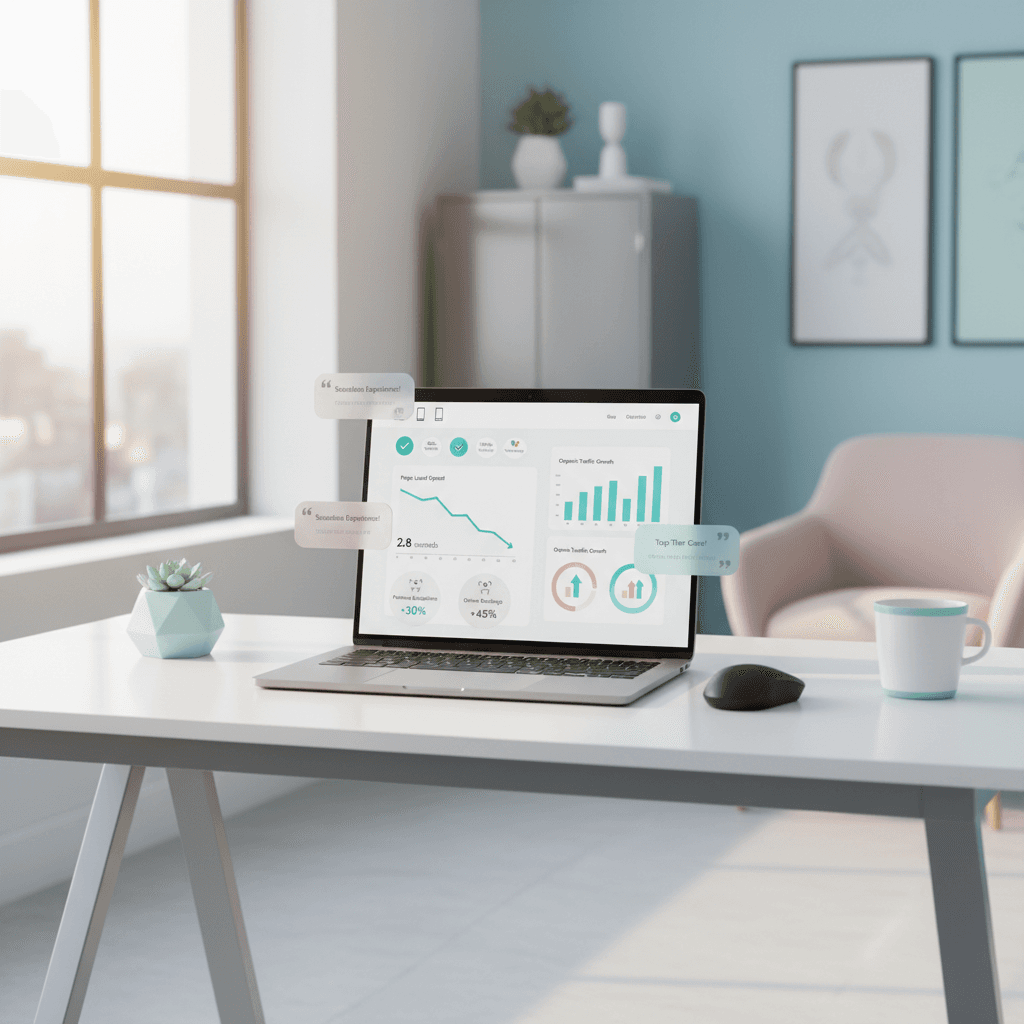 Modern dental website dashboard on laptop in bright, clinical workspace with growth charts and testimonials.