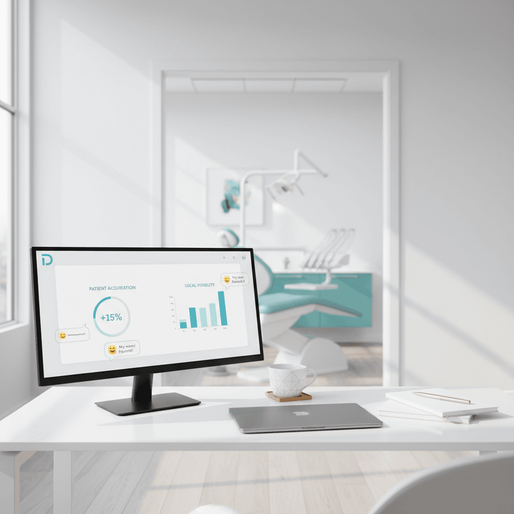 Modern dental workspace with dashboard, treatment room, and growth visuals in bright light.