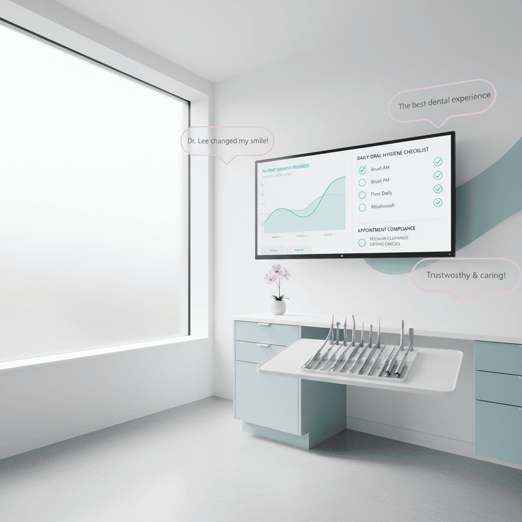 Modern dental workspace with growth charts, compliance checklists, and clinical tools in bright, clean environment.