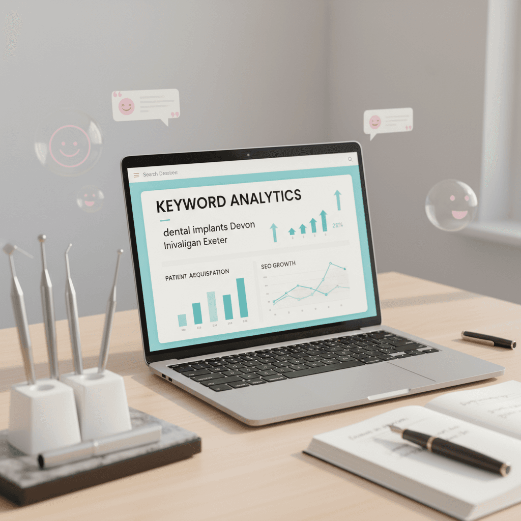 Modern dental workspace with SEO dashboard, tools, notes, and testimonial bubbles in bright lighting.