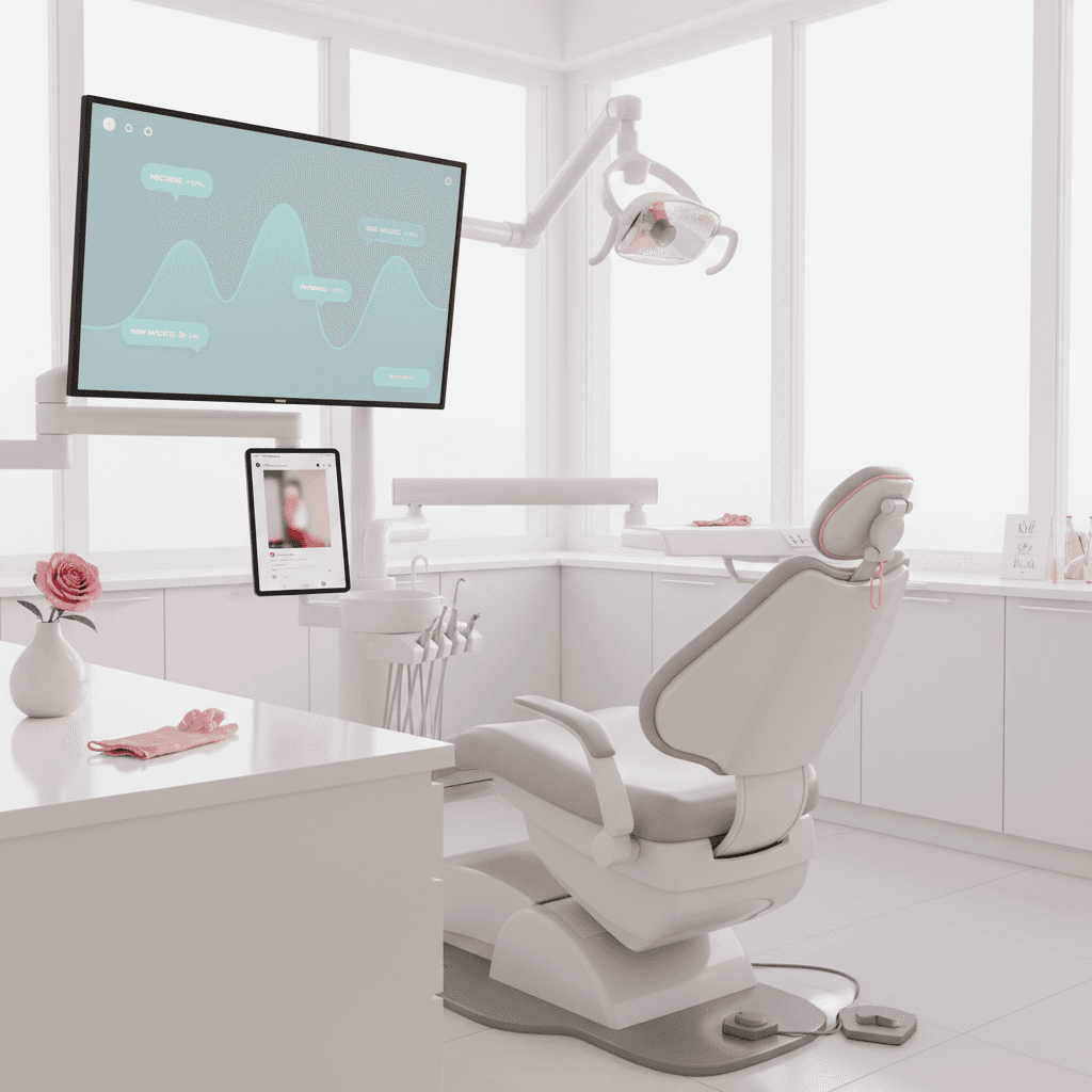 Bright dental treatment room with digital dashboard, dental chair, smartphone, and pink accents.
