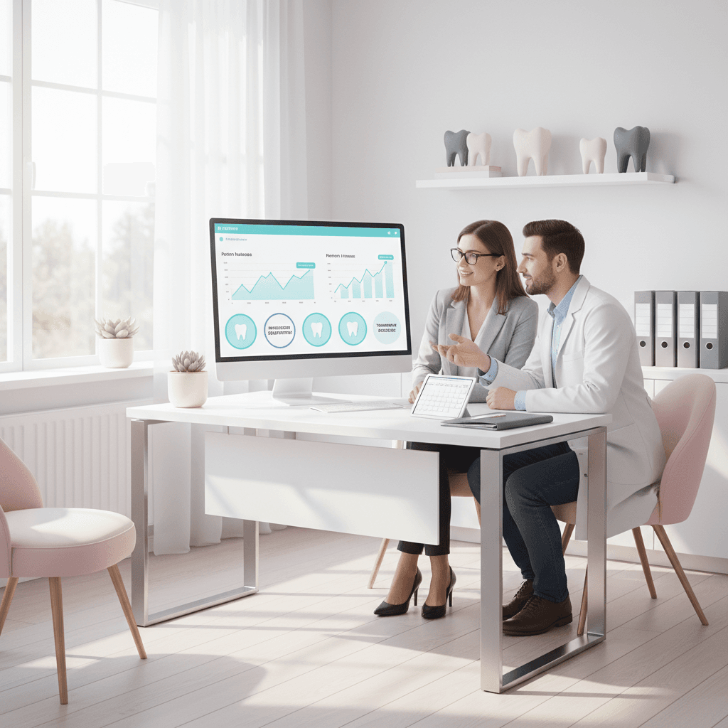 Dental team collaborating over digital dashboard in bright, modern clinic with blue, teal, and pink accents.