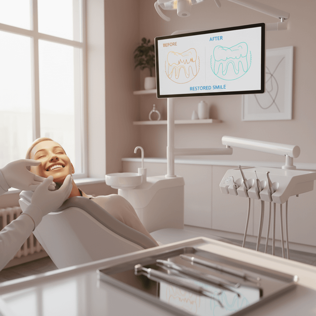 Dentist examining patient's smile in bright, modern dental treatment room with digital charts.