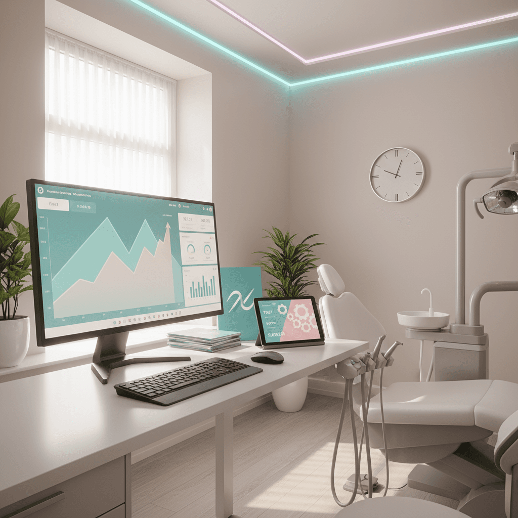 Modern dental clinic treatment room with digital dashboard, finance brochures, and tablet.