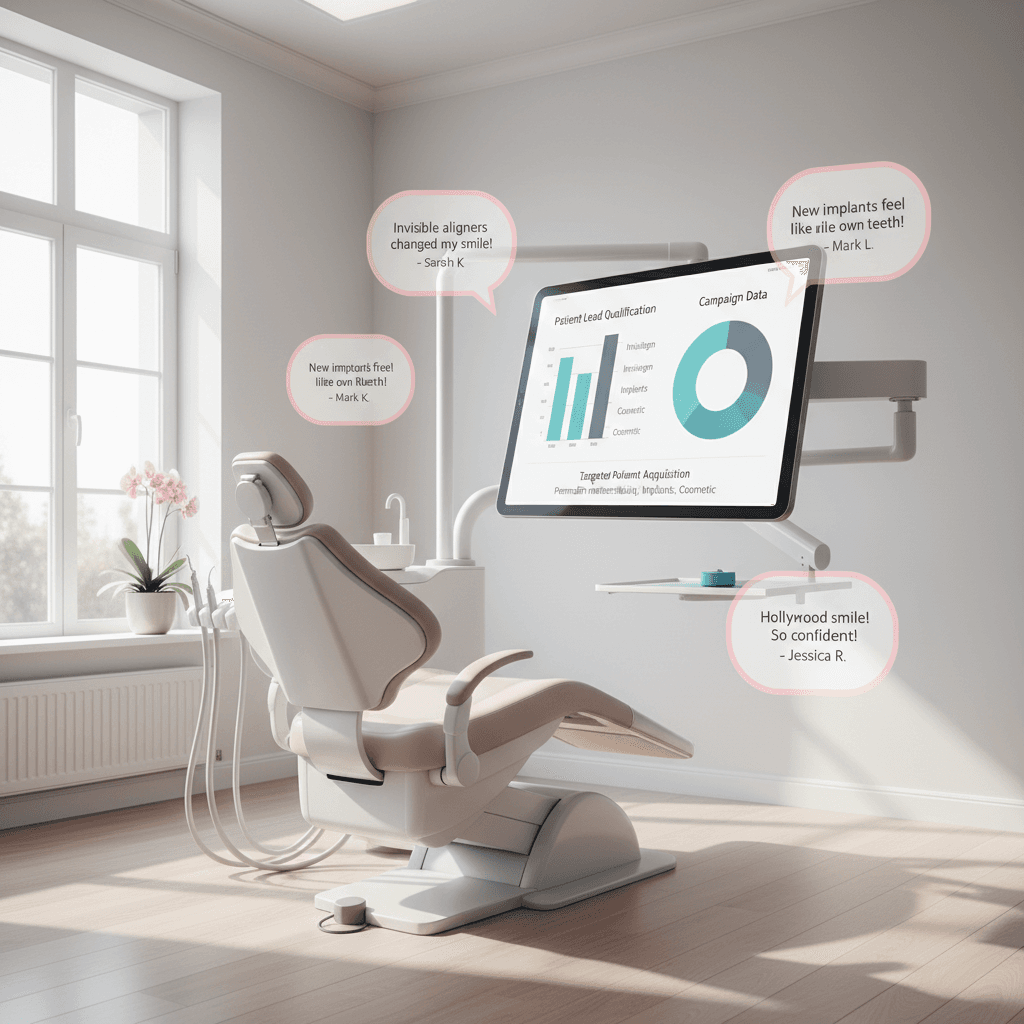 Modern dental clinic treatment room with digital dashboard displaying patient data and testimonials.