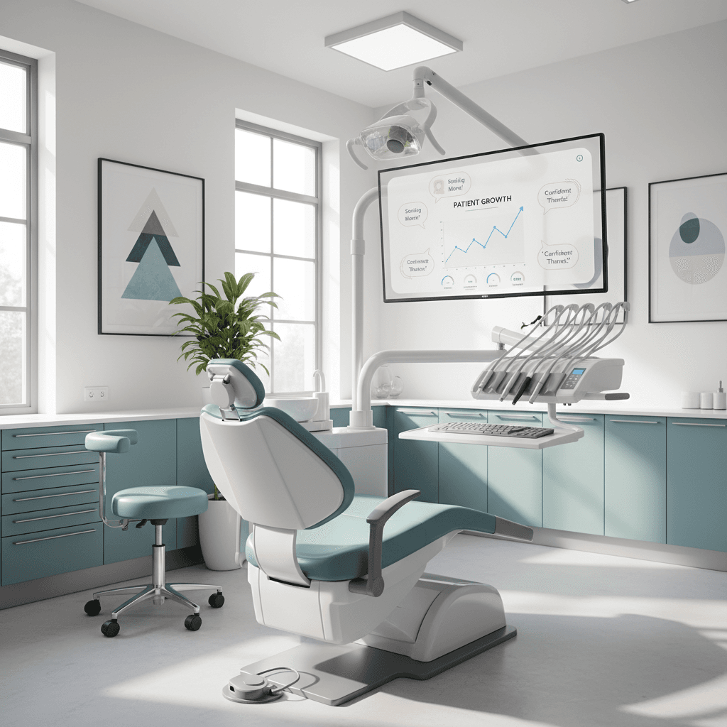 Modern dental clinic treatment room with digital dashboard, growth charts, and testimonial bubbles.
