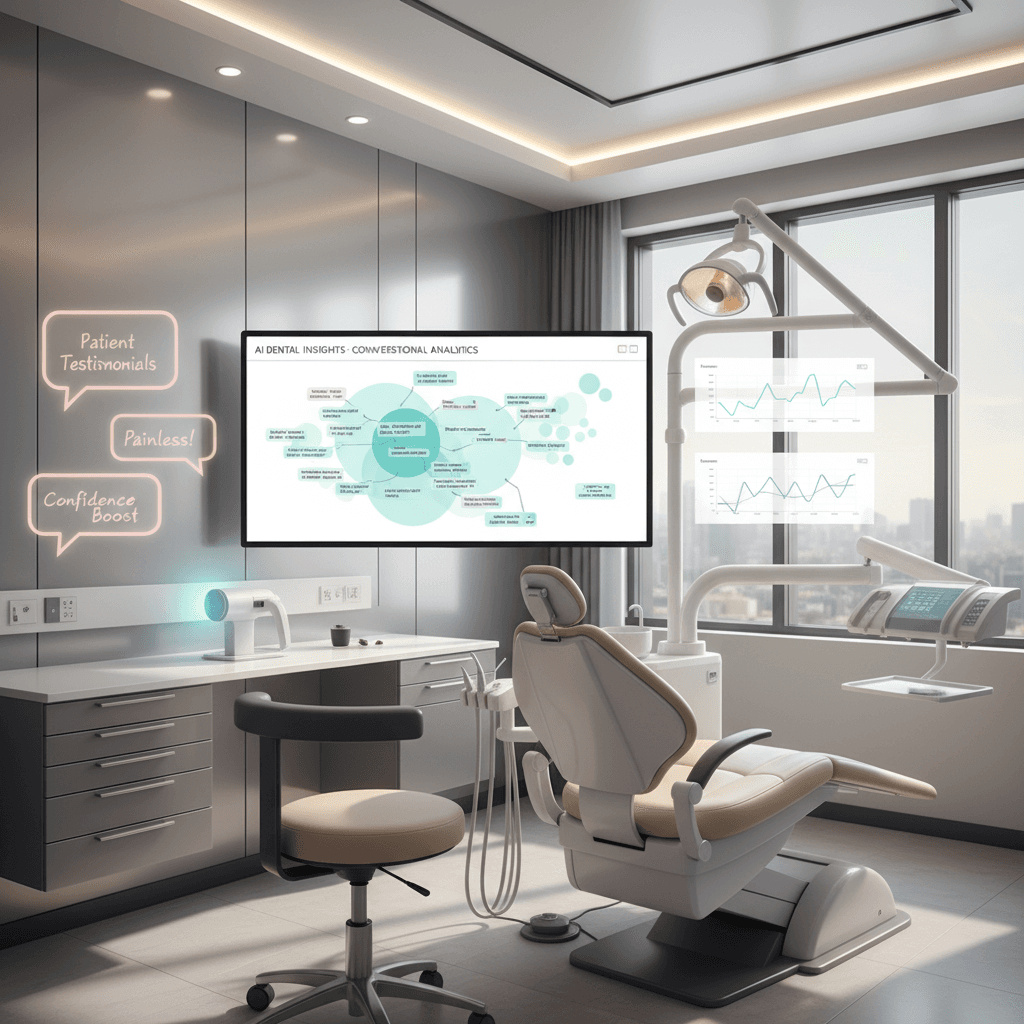 Modern dental clinic treatment room with digital workspace displaying keyword clusters and growth charts.