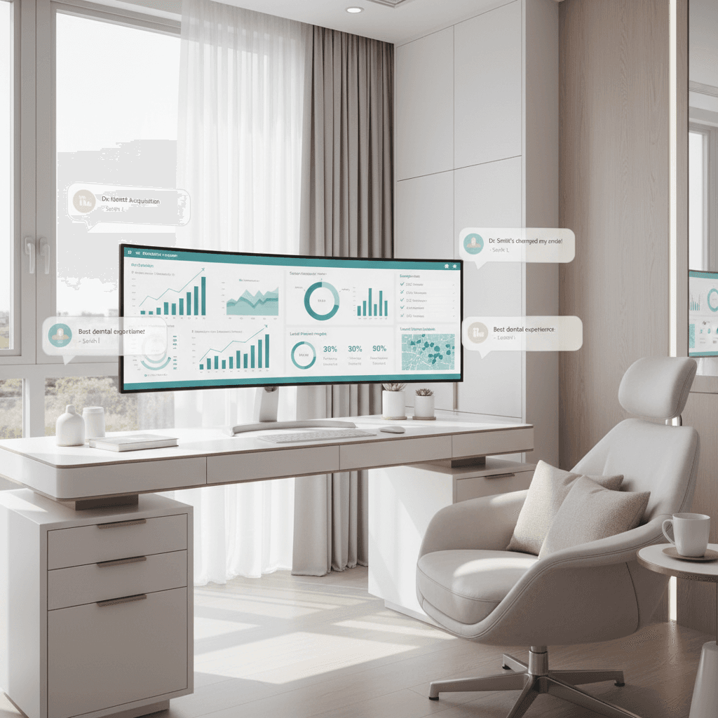 Modern dental clinic with a digital marketing dashboard, warm accents, and testimonial bubbles.