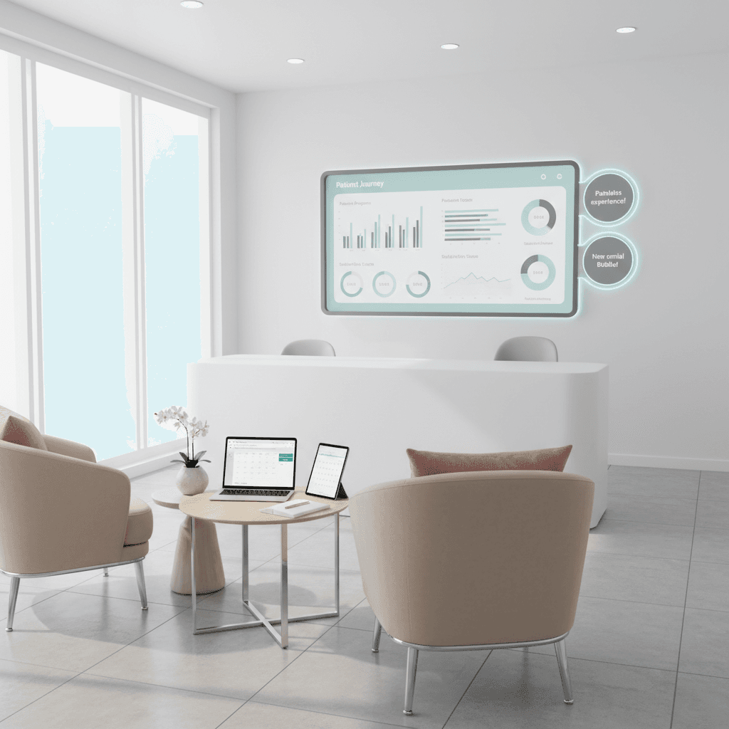 Modern dental clinic with digital dashboard, consultation area, laptop, and appointment calendar.
