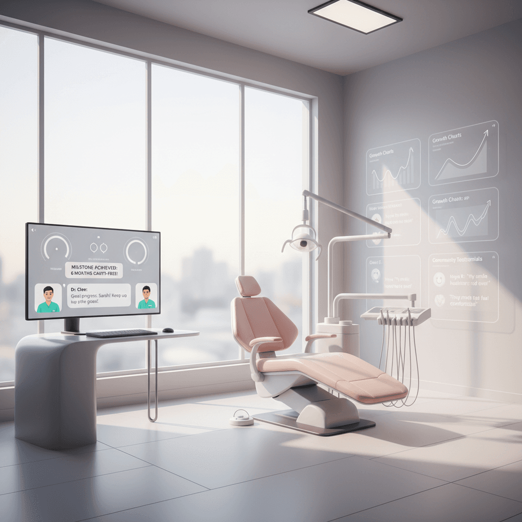 Modern dental clinic with digital dashboard, dental chair, growth charts, and community testimonials.