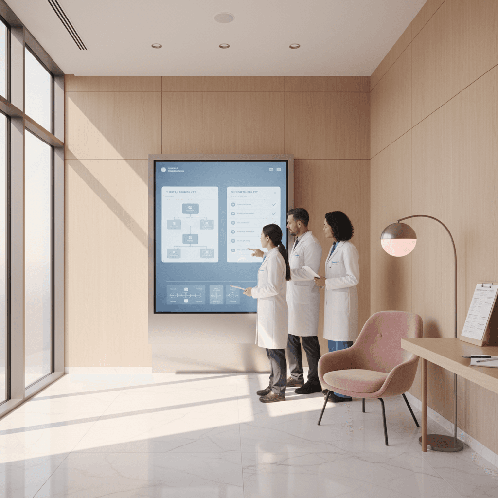 Modern dental clinic with digital dashboard, medical records, and warm, professional atmosphere.