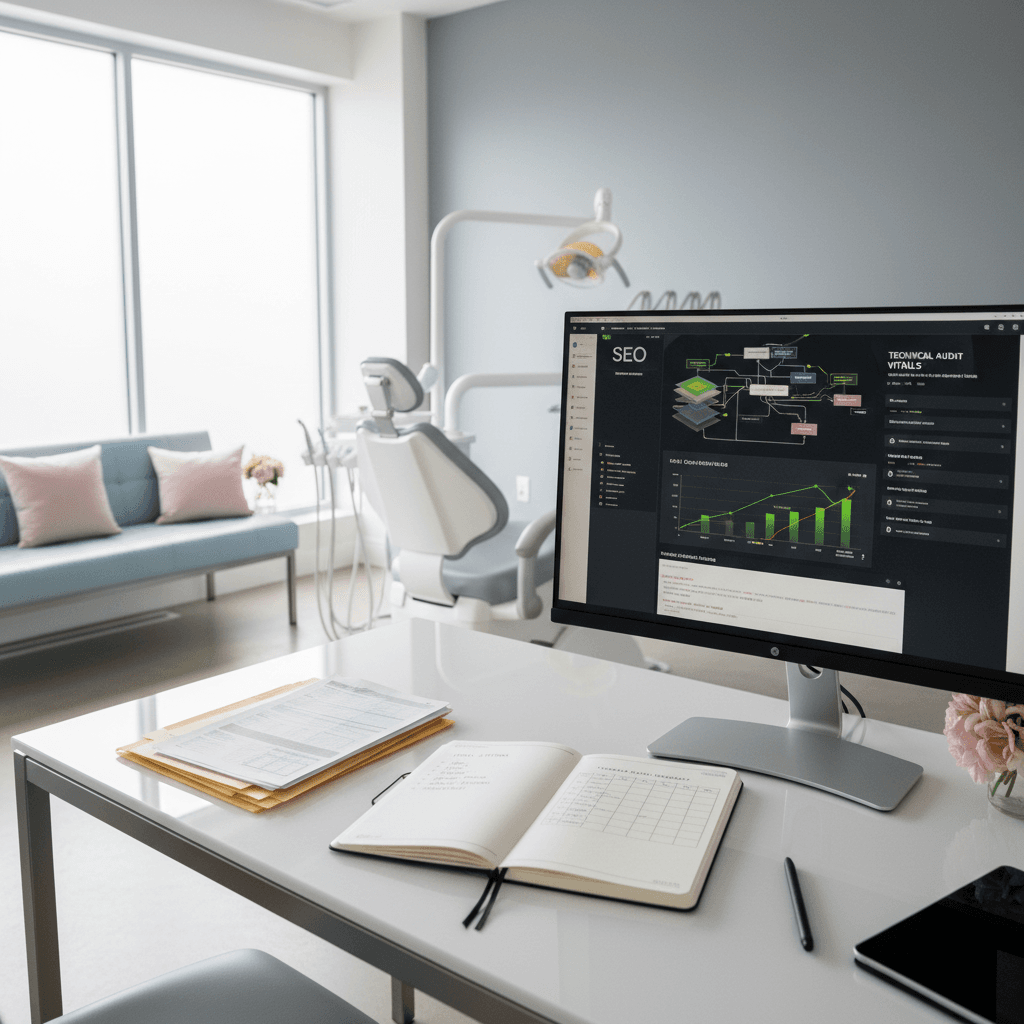 Modern dental clinic with digital SEO dashboard, notebooks, and documents on site optimization.