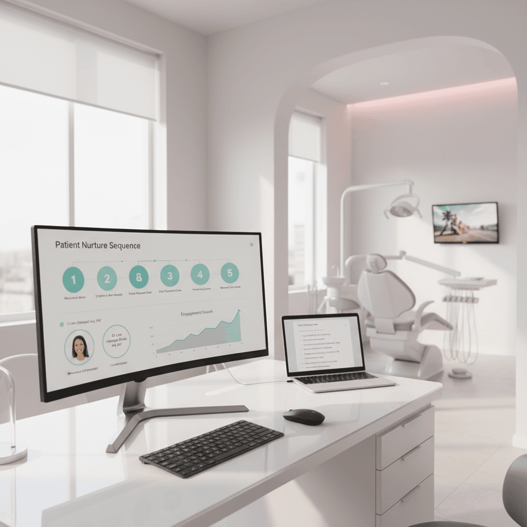 Modern dental clinic with digital workspace, treatment room, and email campaign visuals.