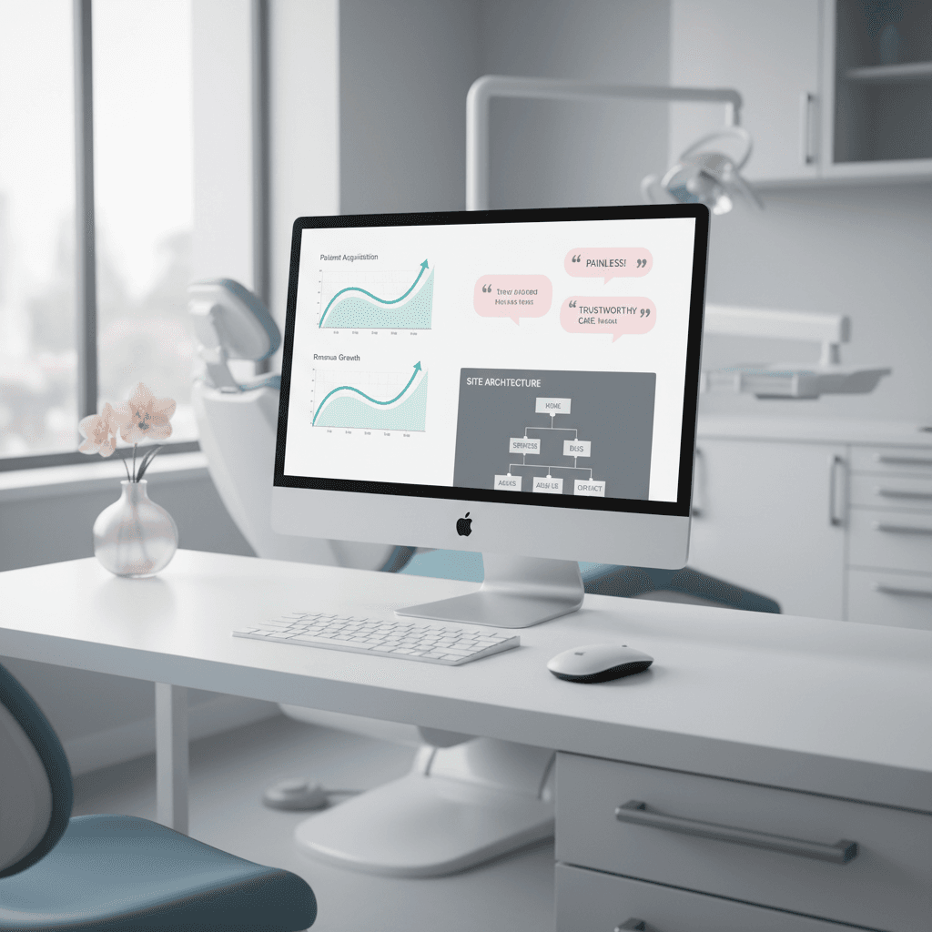 Modern dental clinic workspace with a computer displaying growth charts, reviews, and site maps.