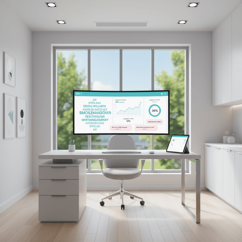 Modern dental clinic workspace with a digital screen displaying social media analytics and testimonials.