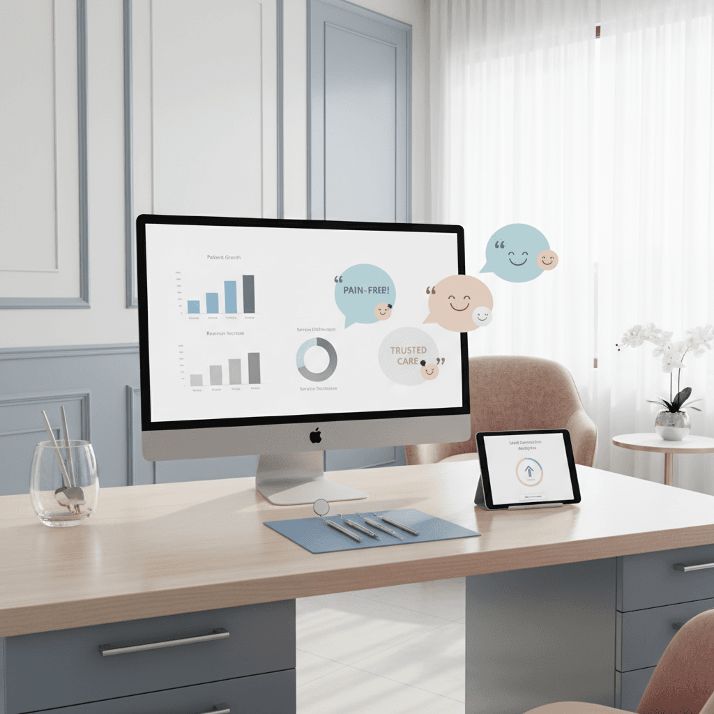 Modern dental clinic workspace with computer, dental tools, and analytics displays in bright, clean setting.