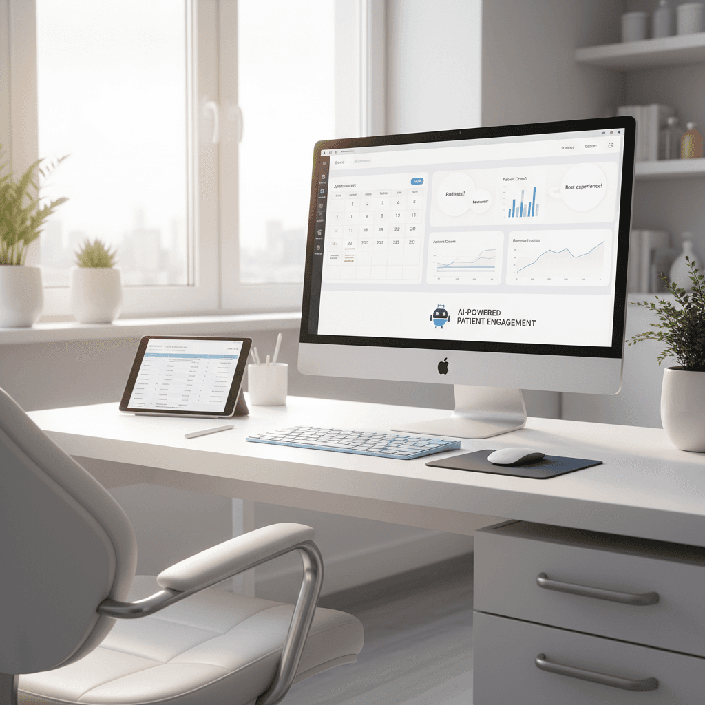 Modern dental clinic workspace with computer, dental chair, tablet, and minimal desk setup.