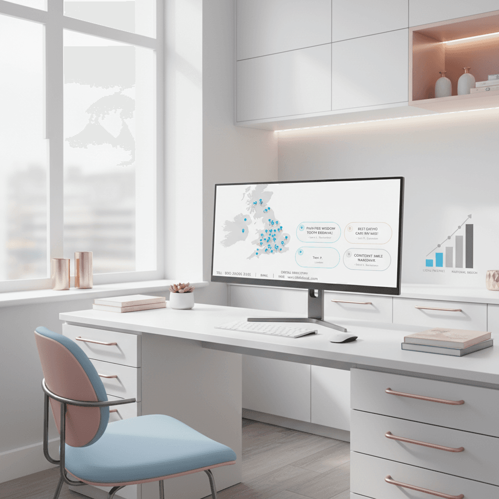 Modern dental clinic workspace with computer displaying UK dental dashboard, maps, reviews, and growth chart.