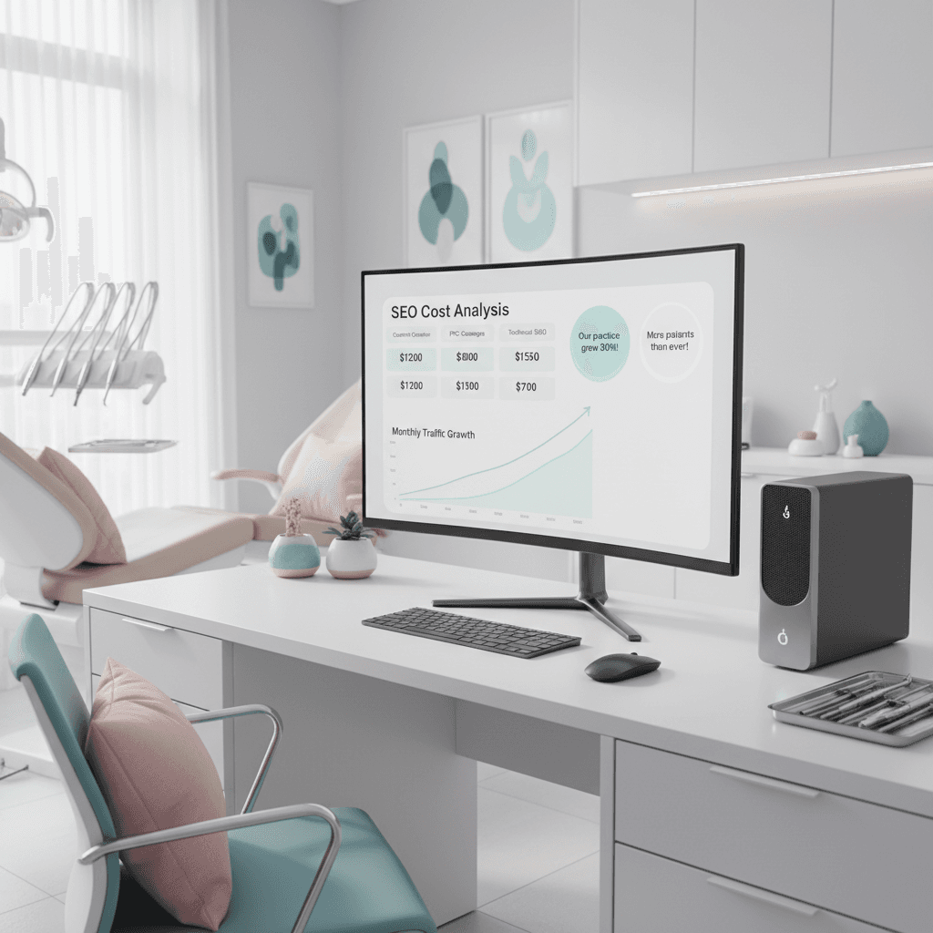 Modern dental clinic workspace with computer displaying SEO cost breakdown and growth graphs.