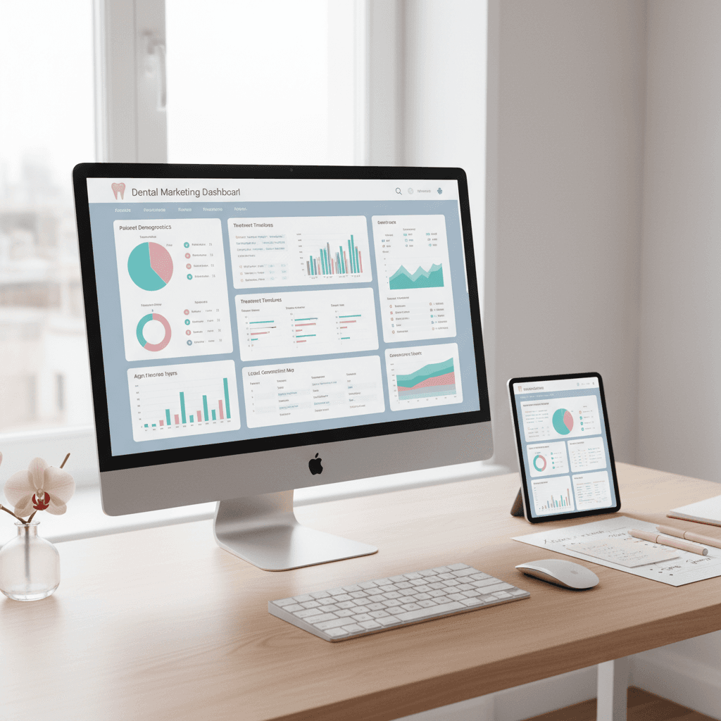 Modern dental clinic workspace with computer displaying marketing dashboard and planning materials.