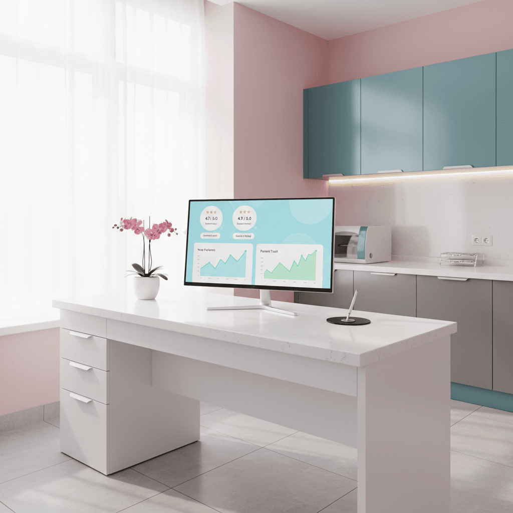 Modern dental clinic workspace with computer displaying patient reviews and growth charts.