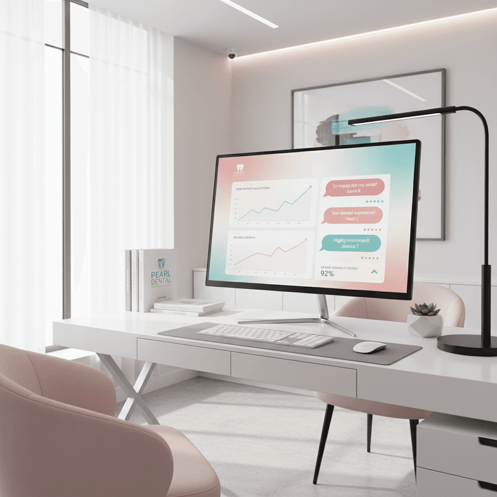 Modern dental clinic workspace with computer displaying patient dashboard, growth charts, and testimonials.