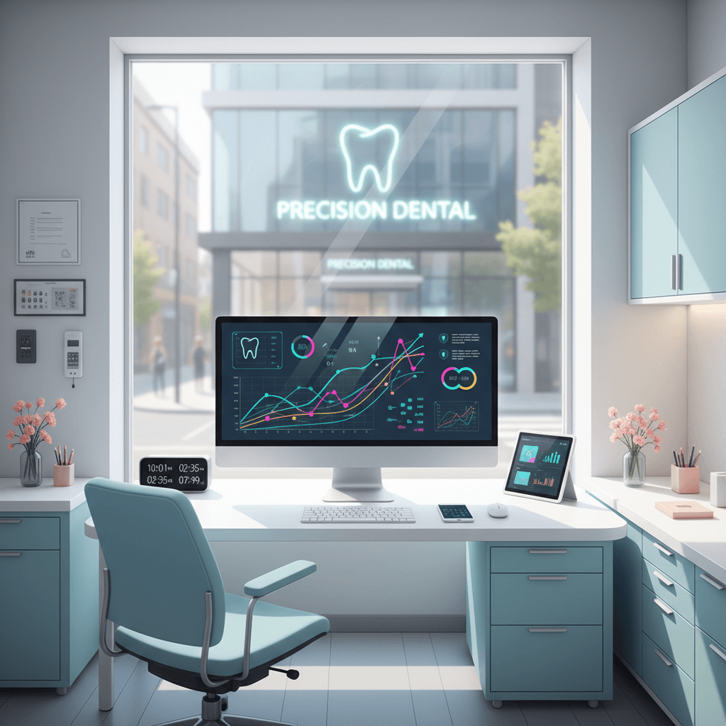 Modern dental clinic workspace with computer displaying colorful growth charts and digital devices.