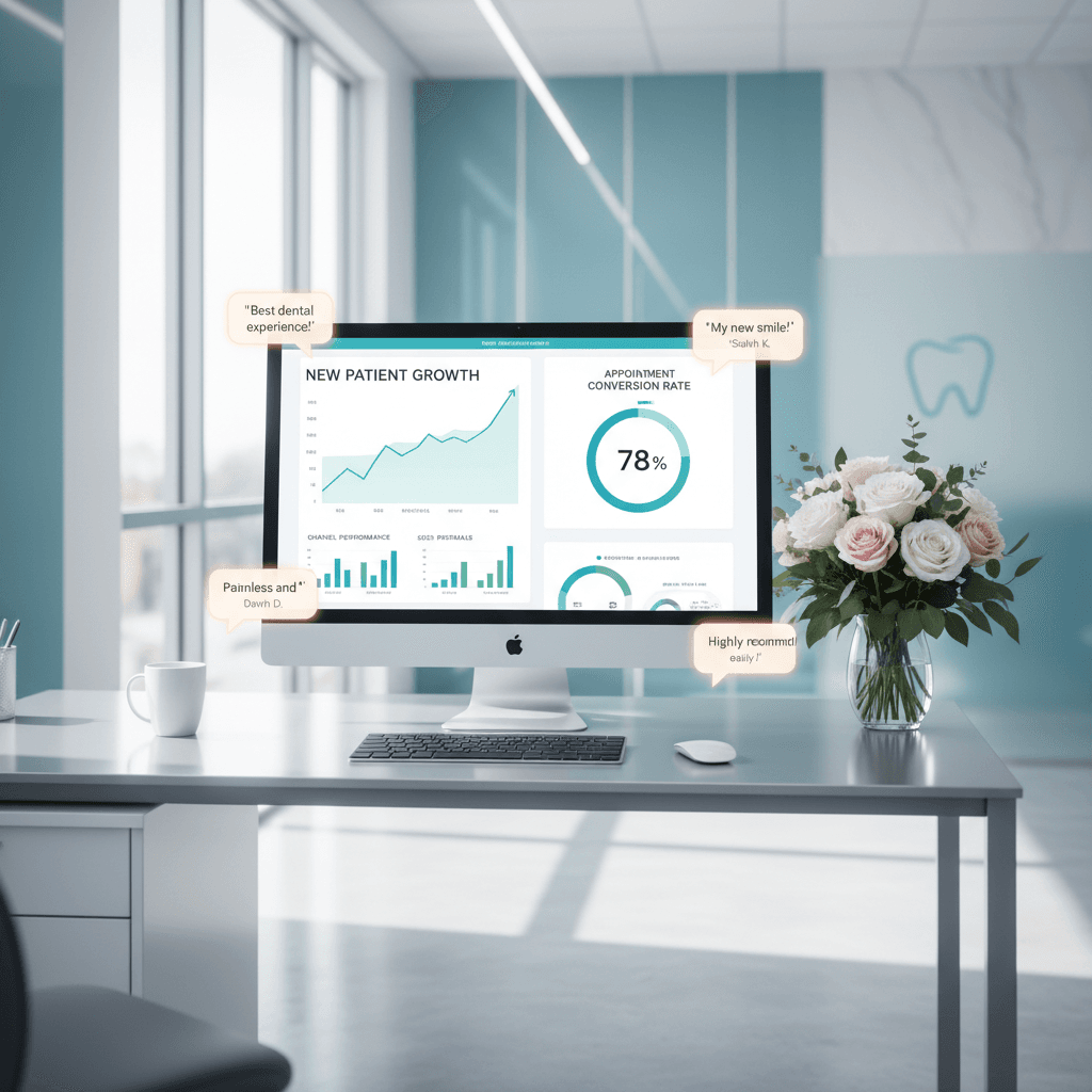 Modern dental clinic workspace with computer displaying patient growth dashboard and pink bouquet