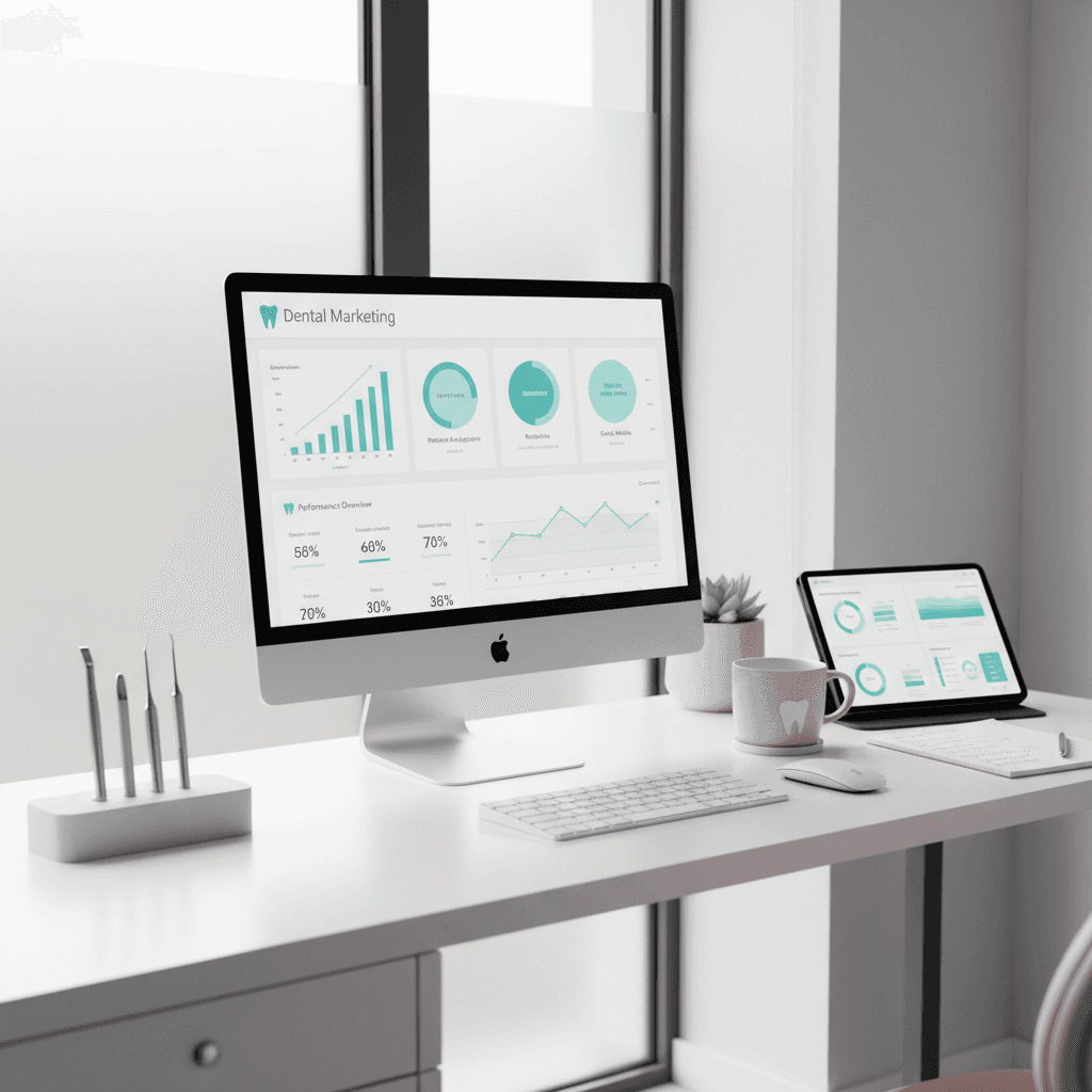 Modern dental clinic workspace with computer displaying marketing dashboards and strategic tools.