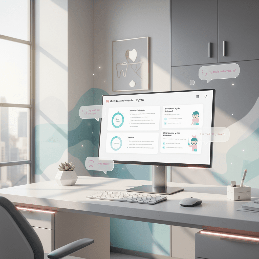Modern dental clinic workspace with computer displaying dental dashboard, charts, and educational content.