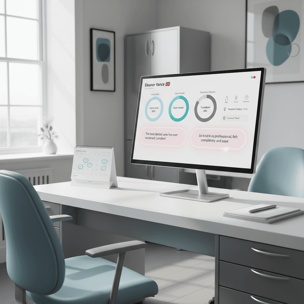 Modern dental clinic workspace with computer displaying patient profile dashboard and organized desk.