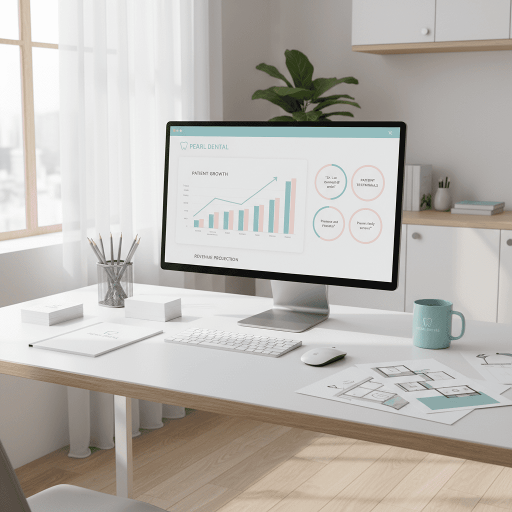Modern dental clinic workspace with computer displaying growth charts and testimonial bubbles.