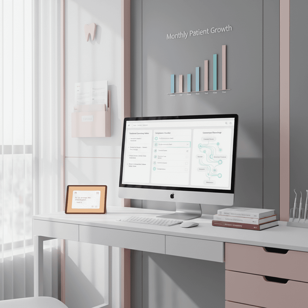 Modern dental clinic workspace with computer, reference books, testimonial tablet, and growth chart.