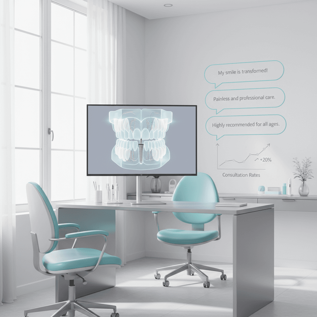 Modern dental clinic workspace with computer showing 3D implant animation, testimonials, and growth chart.