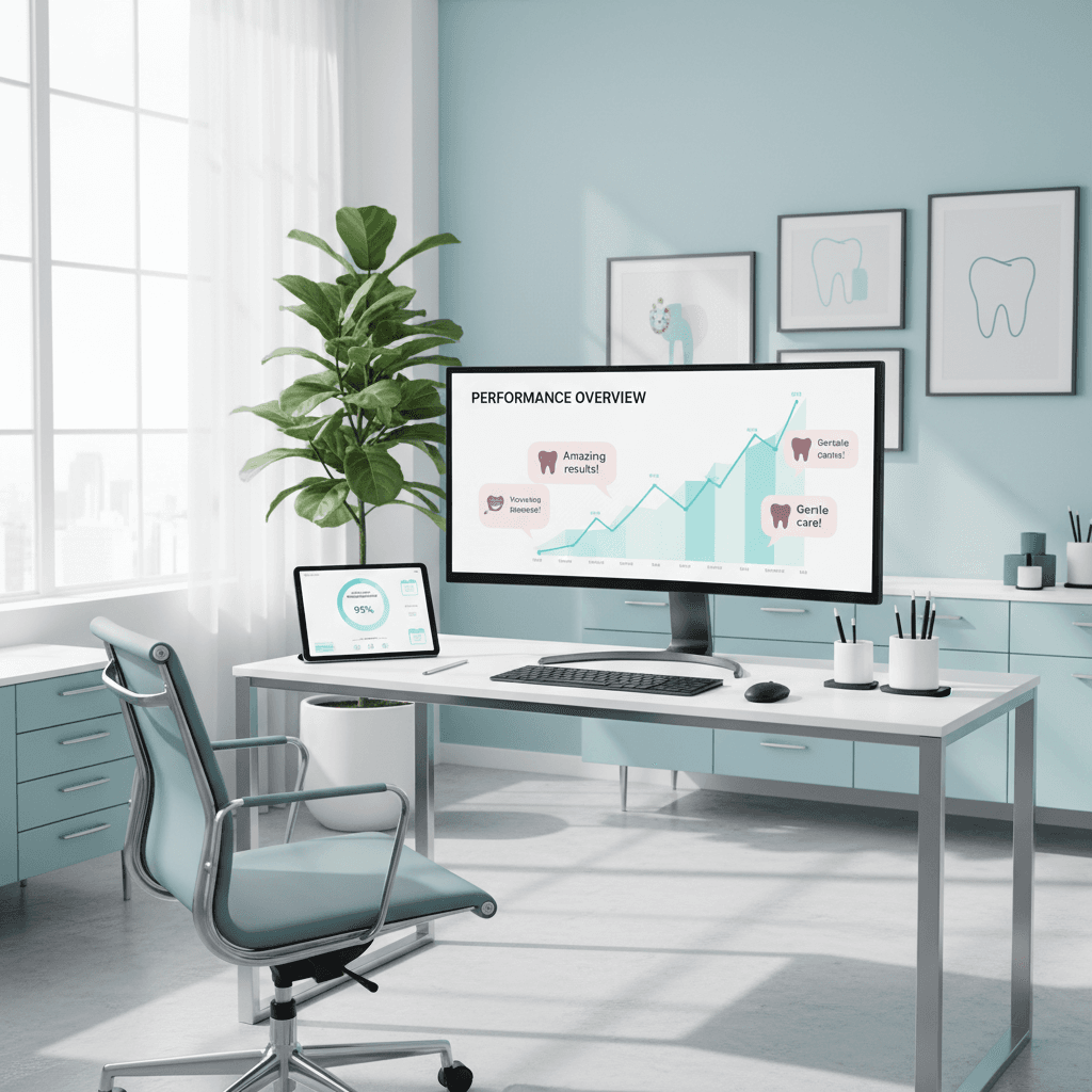 Modern dental clinic workspace with computer, tablet, and growth analytics in bright, clinical tones.