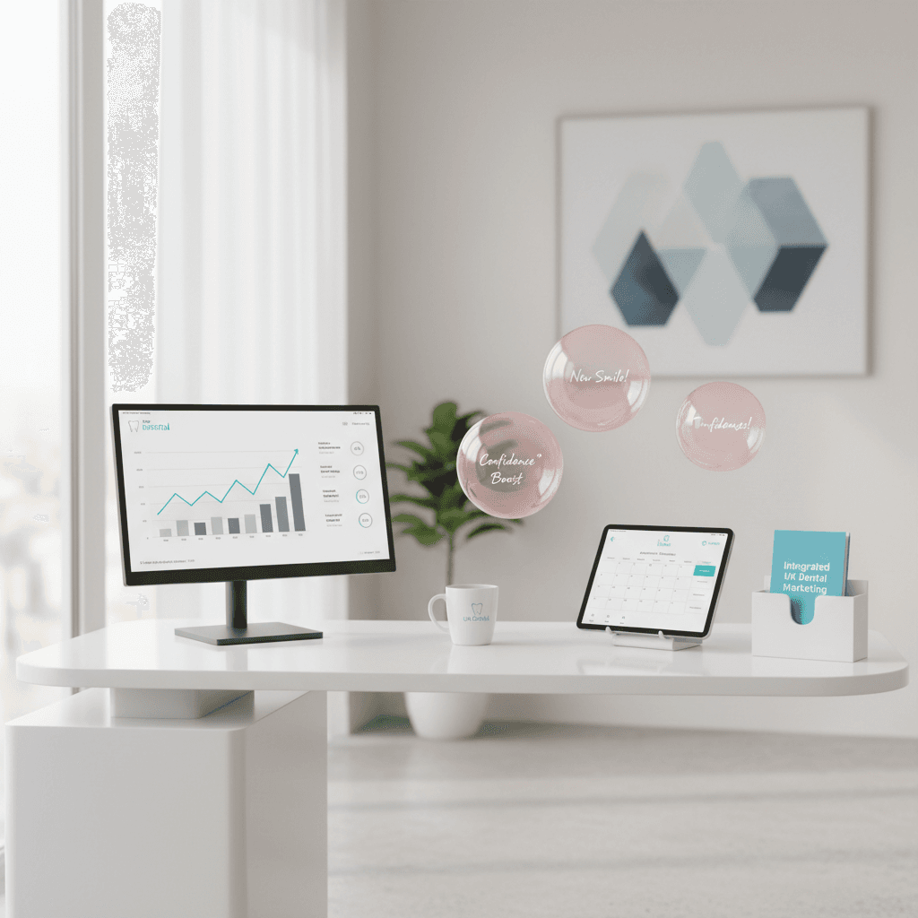 Modern dental clinic workspace with dashboard, testimonial bubbles, calendar, and clean design.