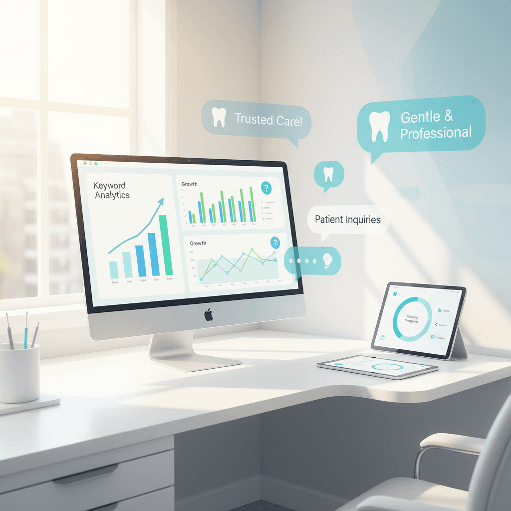 Modern dental clinic workspace with digital dashboards, social media graphs, and testimonial bubbles.