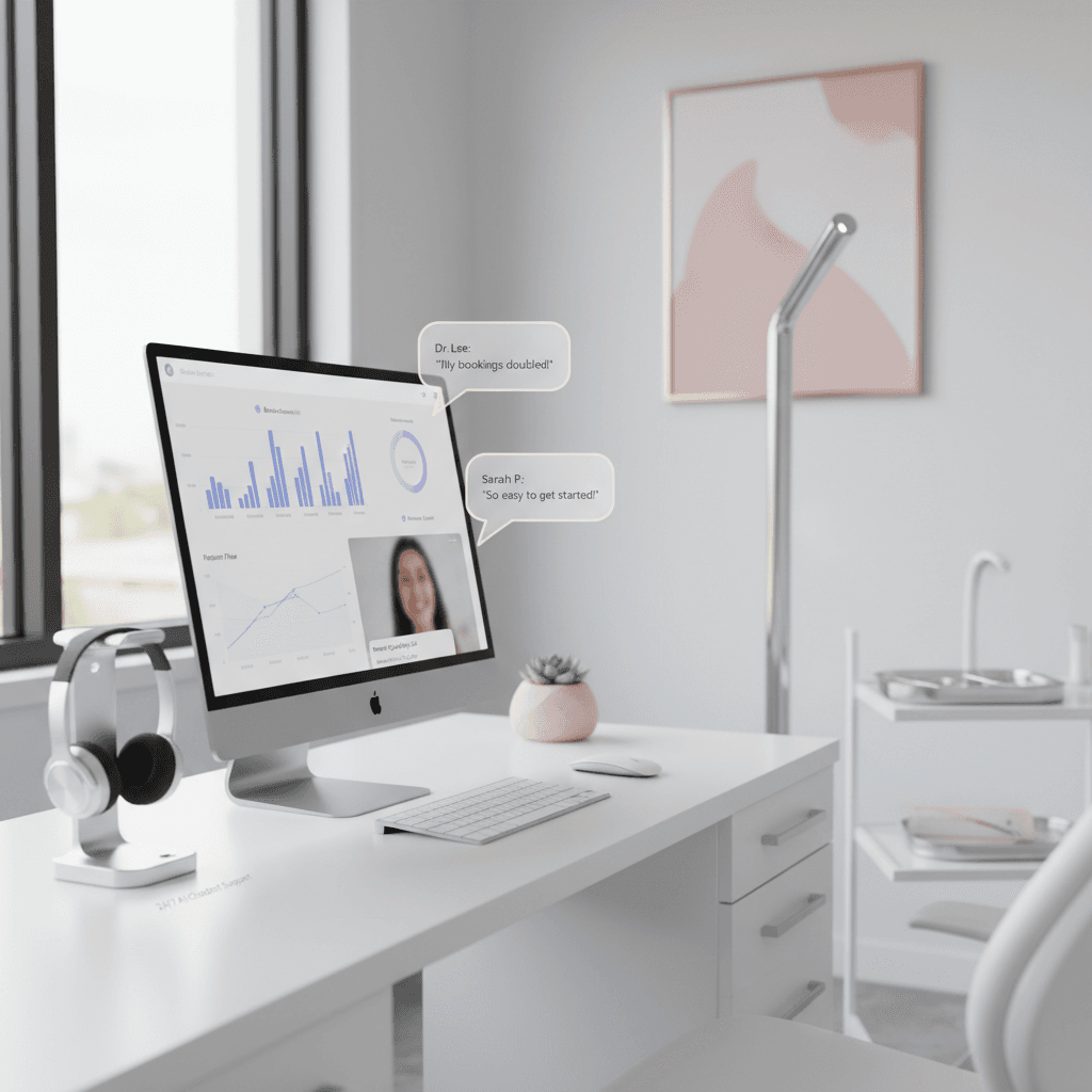 Modern dental clinic workspace with digital dashboard, headset, and blurred video call window.