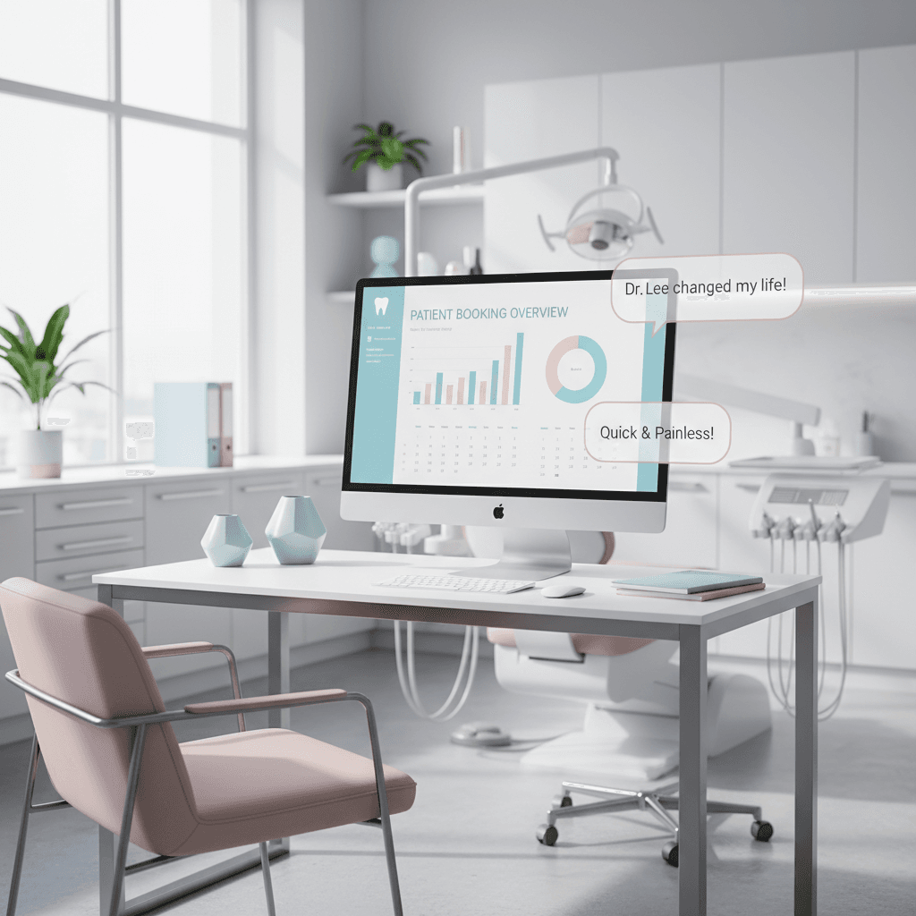 Modern dental clinic workspace with digital dashboard, testimonial bubbles, dental chair, and instruments.