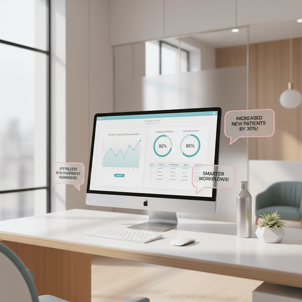 Modern dental clinic workspace with digital dashboard, testimonial bubbles, and warm accents.